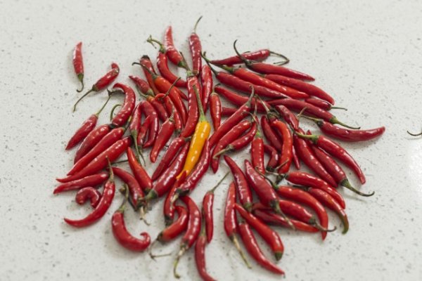 Yellow chilli in the middle of red chillis