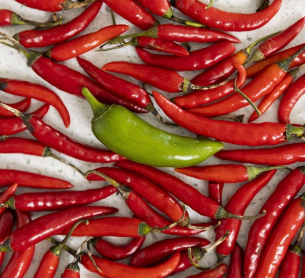 Green chilli in the middle of red chilli