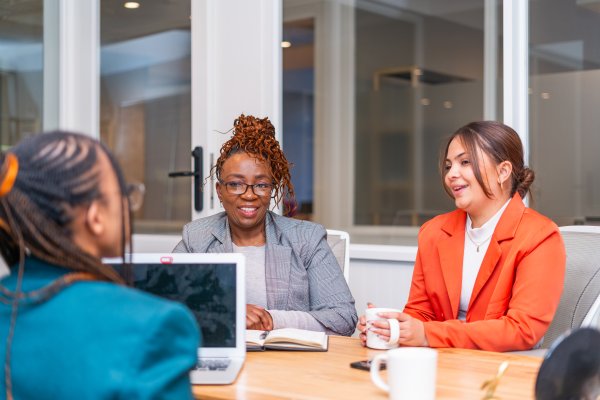 Joyful mature black woman and coloured women sitting at desk smiling with candidate for an interview.
