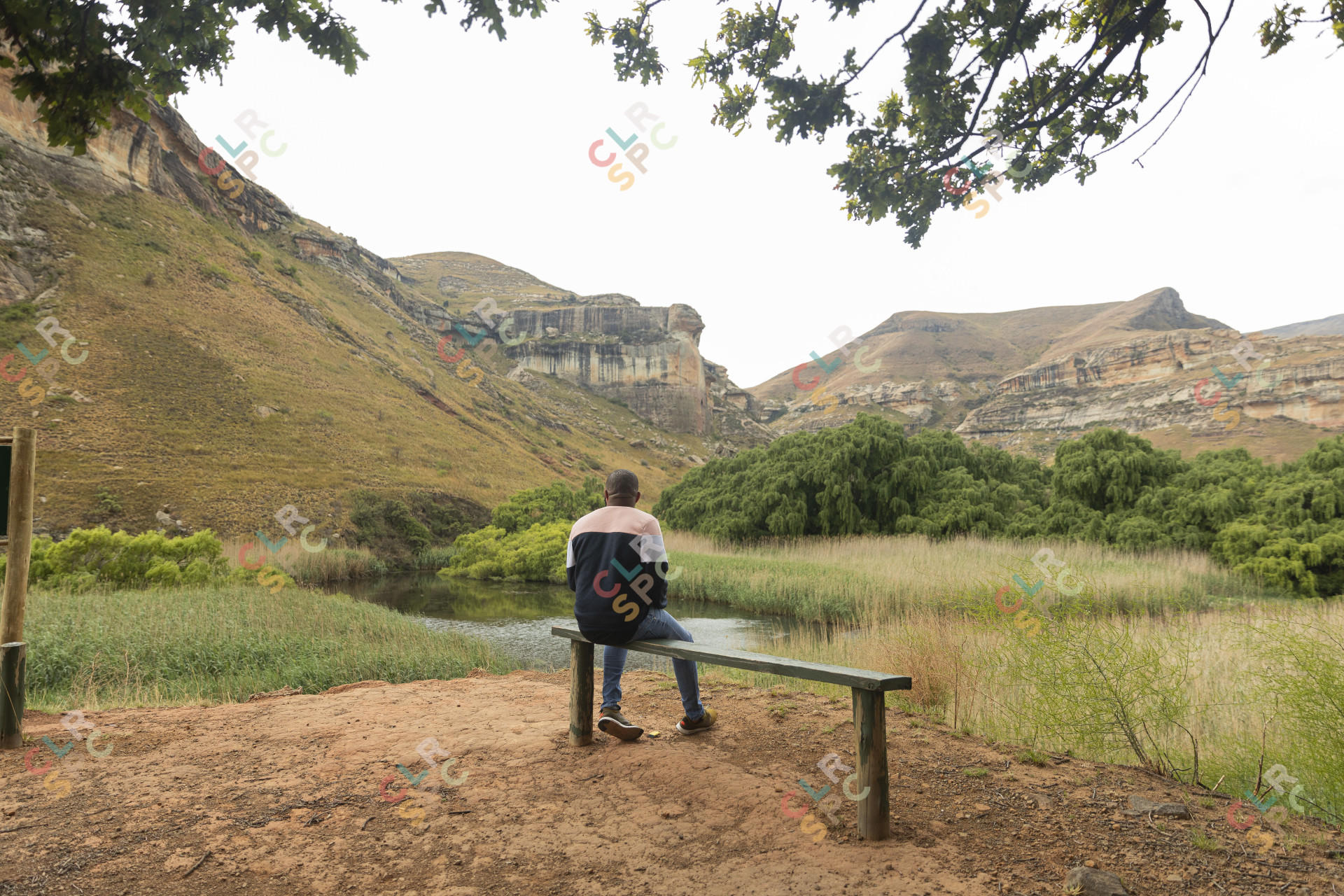 Black man sitting watching the mountains