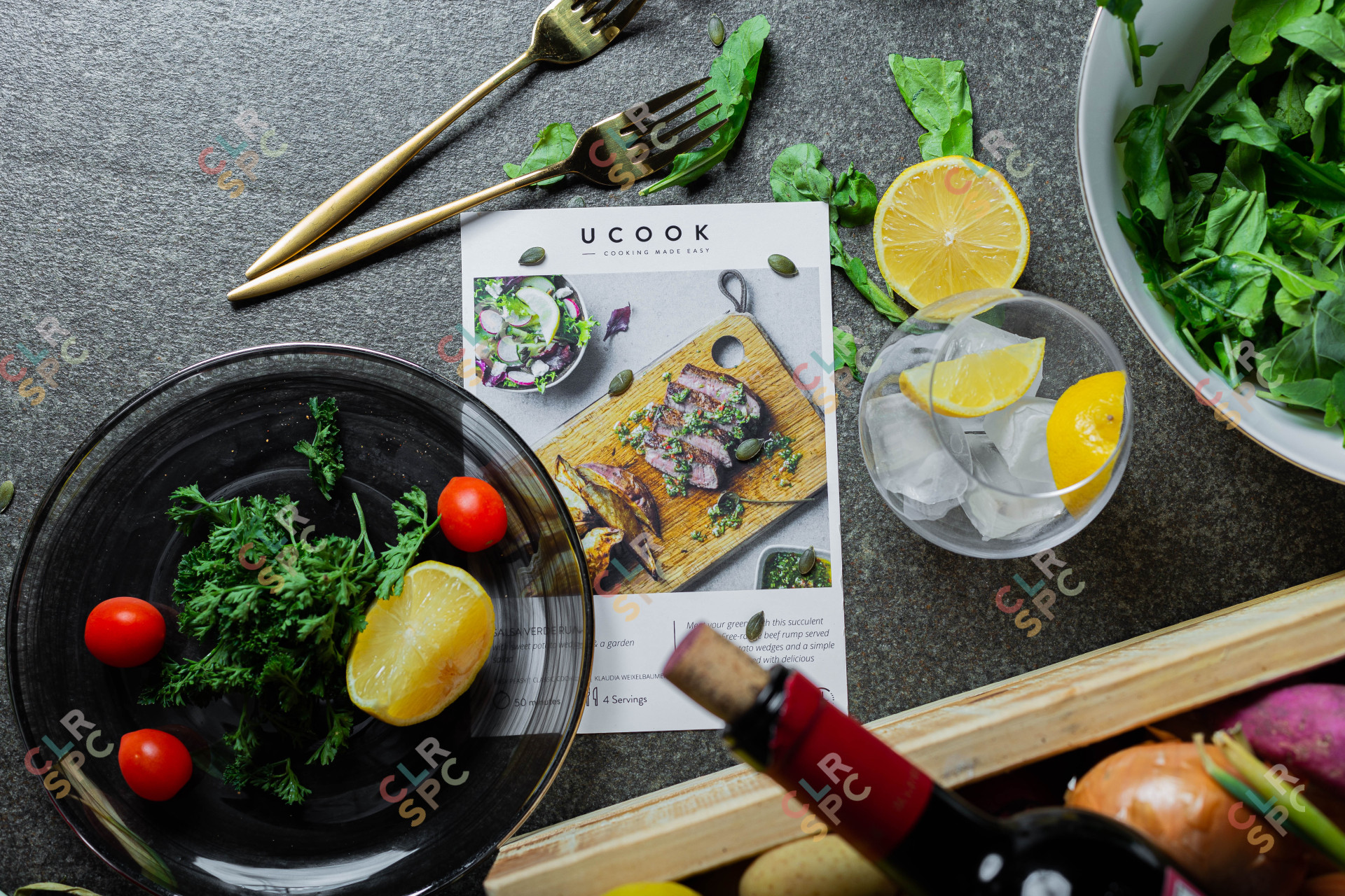 Flatlay of vegetables on a table with wine