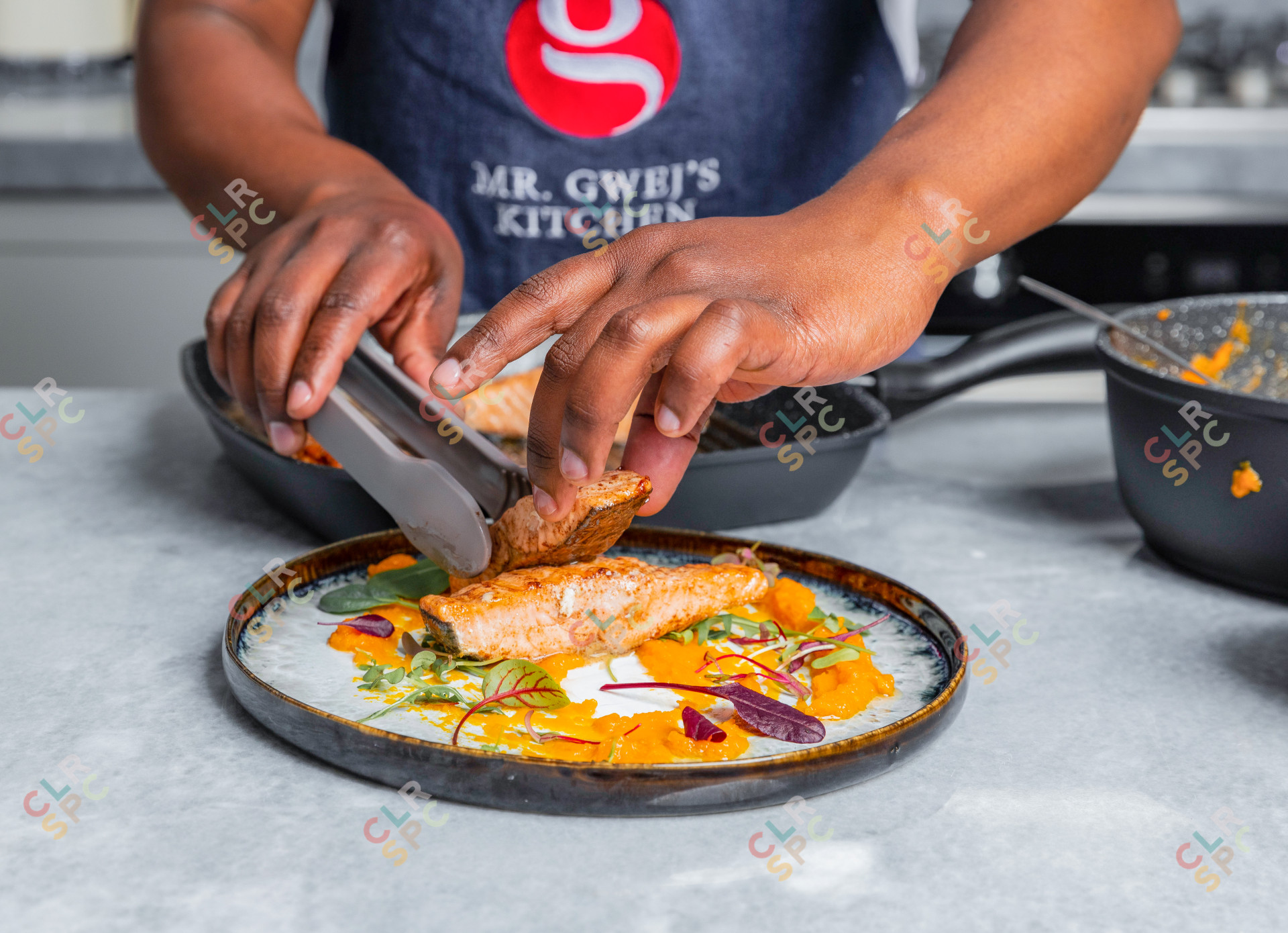 Chef serving grilled salmon on a plate