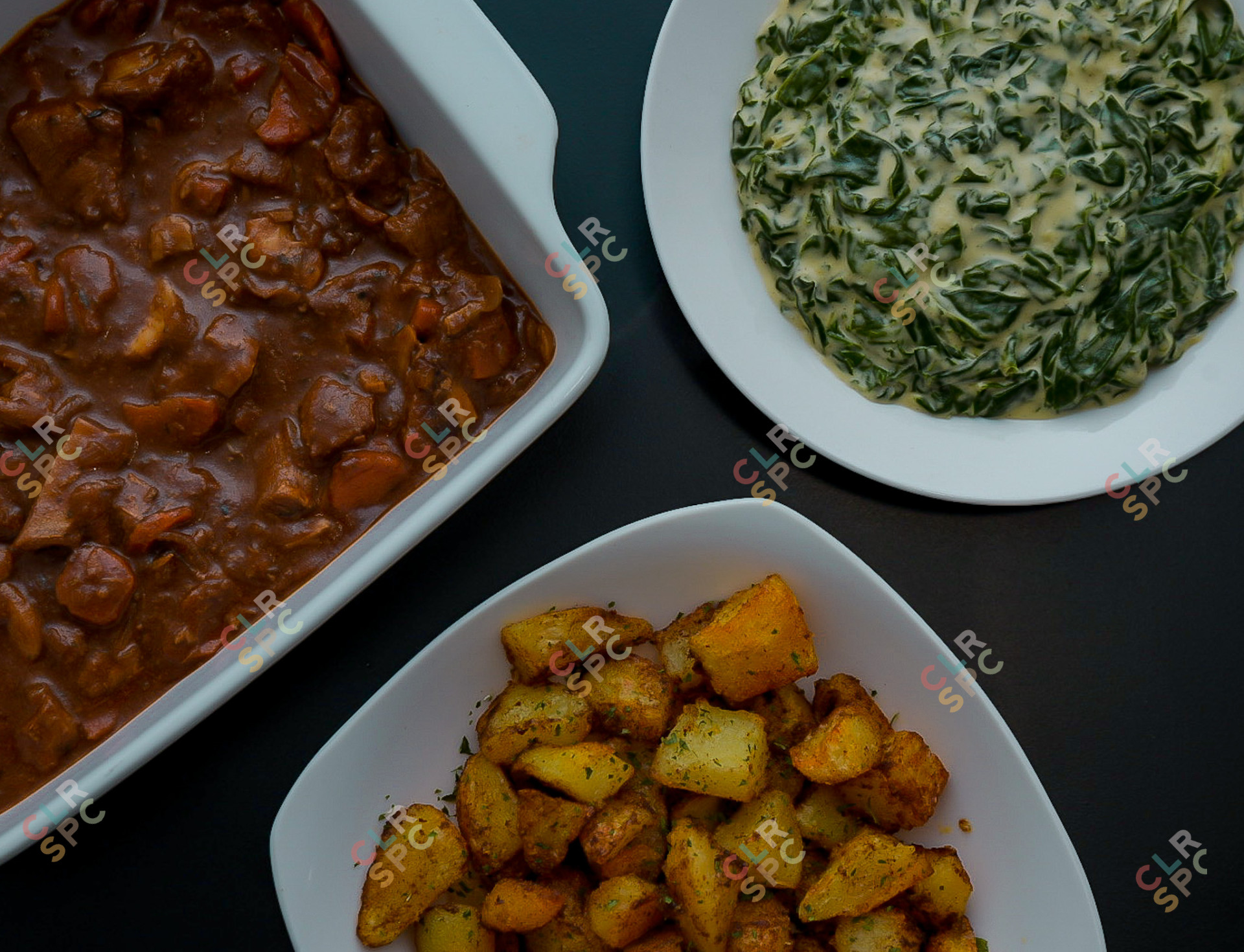 Beef stew and spinach flatlay