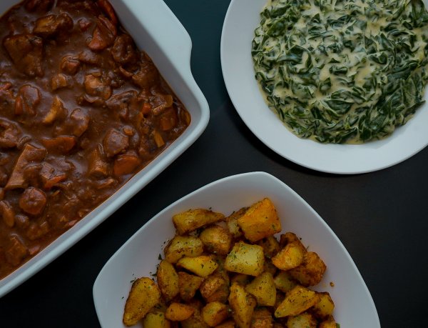 Beef stew and spinach flatlay